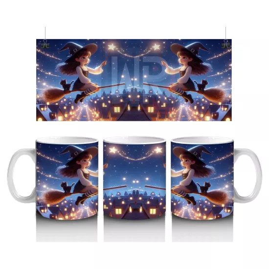 Uçan Cadılar ve Süpürgelerle Dolu Gökyüzü Temalı Cadılar Bayramı Baskılı Kupa Bardak