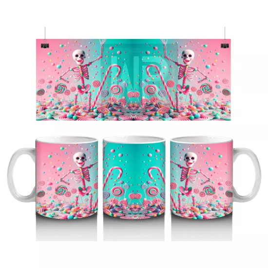 Pembe Arka Plan Üzerinde Şeker Dolu Külah Figürlü Cadılar Bayramı Baskılı Kupa Bardak