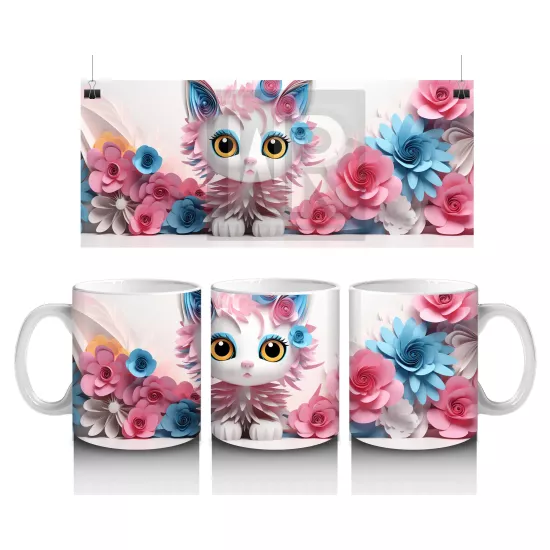 Pembe Güller Arasında Sevimli Kedi – Baskılı Kahve Kupası