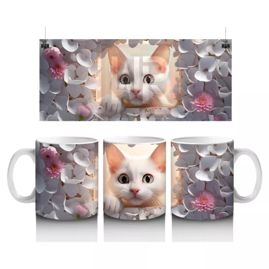 Gri Yapraklar Arasında Meraklı Kedi – Baskılı Kahve Kupası