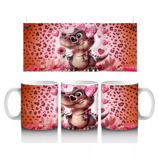 Pembe Kurdeleli Kalpli Gözlüklü Dinozor Deseni - Baskılı kahve kupası