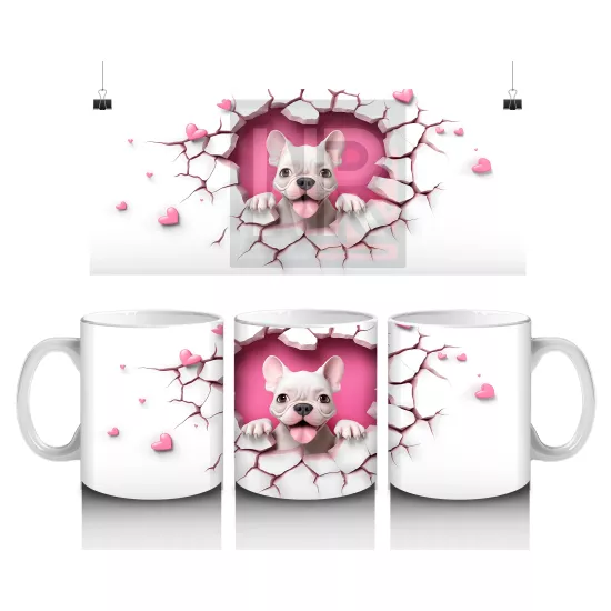Sevimli Fransız Bulldog ve Pembe Kalpler Temalı Tasarım - Baskılı kahve kupası