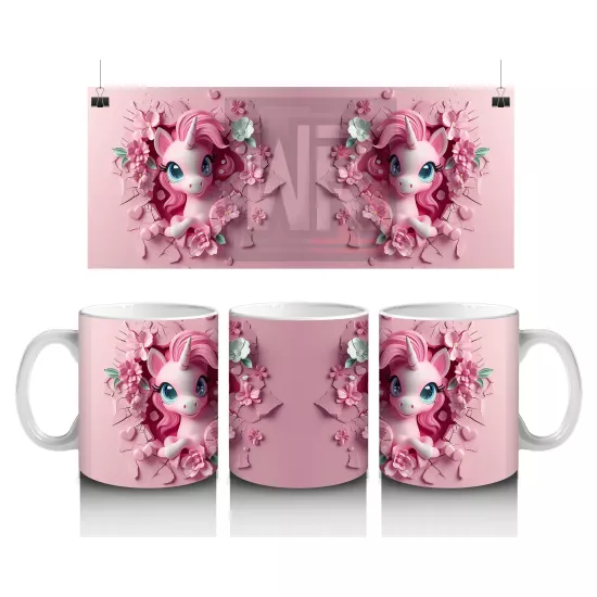 Çiçeklerle Süslenmiş Sevimli Pembe Midilli Figürü - Baskılı kahve kupası