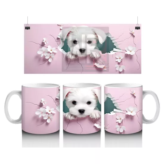 Pembe Çiçeklerle Süslenmiş Yavru Köpek – Baskılı Kahve Kupası