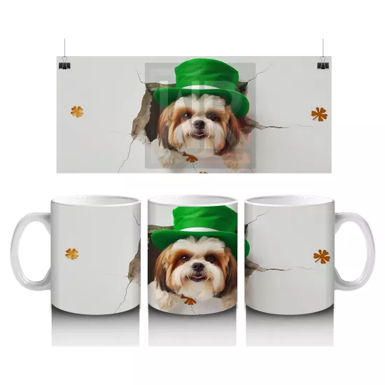 St. Patrick Şapkalı Bıyıklı Sevimli Köpek – Baskılı Kahve Kupası