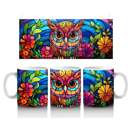 Vitray Baykuş Desenli – Renkli Sanat – Baskılı Kupa