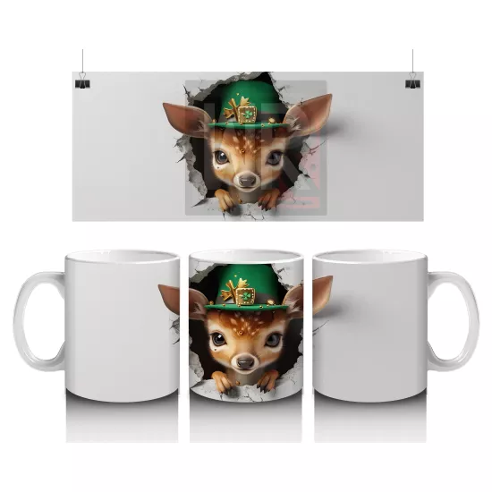 St. Patrick Şapkası Takmış Sevimli Geyik Yavrusu – Duvarı Delen 3D Kupa Tasarımı
