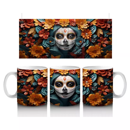 Turuncu ve Mavi Yapraklar Arasında Kafatası – Hediyelik Kahve Kupası