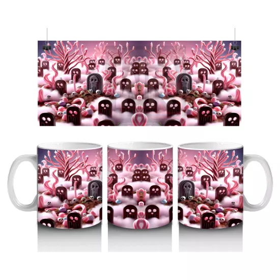 Pembe Arka Plan Üzerinde Vampir Kostümlü Çocuklar Figürlü Tatlı Cadılar Bayramı Baskılı Kupa Bardak