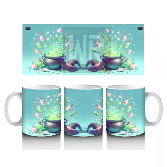 Turkuaz Arka Plan Üzerinde Neon Balkabağı ve Şekerlemelerle Cadılar Bayramı Baskılı Kupa