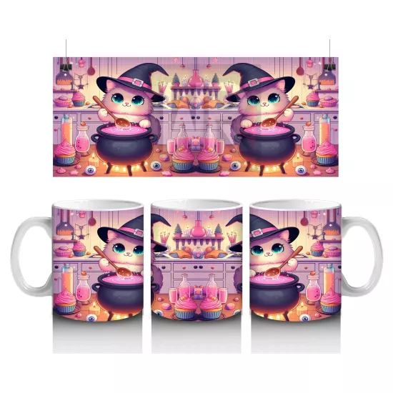 Sevimli Pembe Cadı Kız Figürlü Renkli Cadılar Bayramı Baskılı Kupa Bardak