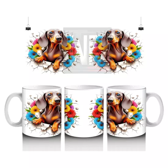 Renkli Çiçeklerle Süslenmiş Çatlak Zeminde Dachshund Köpek - Baskılı kahve kupası