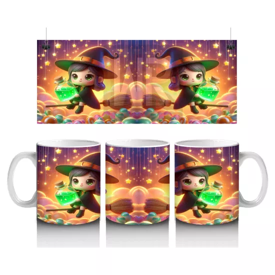 Şeker Sepetli Cadı Kız Figürlü Sevimli Cadılar Bayramı Baskılı Kupa