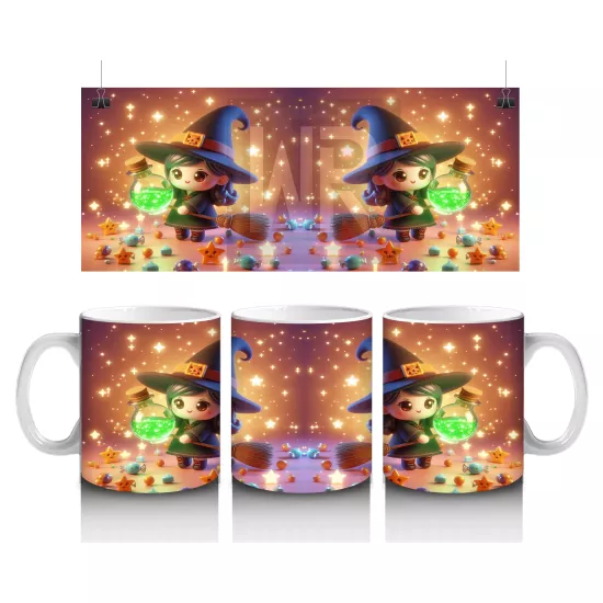 Sevimli Cadı Kız ve Şeker Sepeti Figürlü Renkli Cadılar Bayramı Baskılı Kupa Bardak