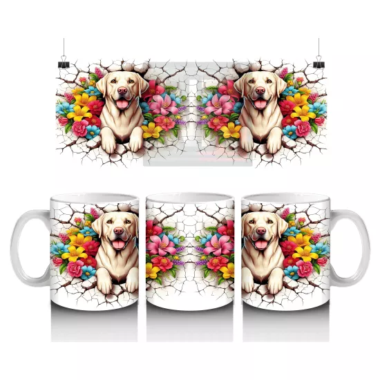 Renkli Çiçeklerle Süslenmiş Labrador Çifti Tasarımı - Baskılı kahve kupası