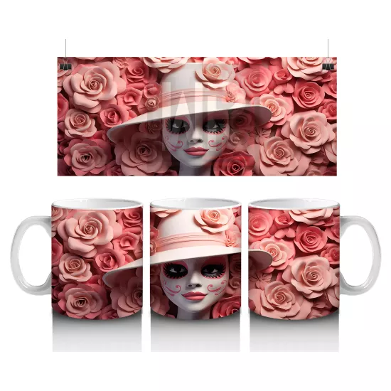 Pembe Çiçekler İçinde Kafatası Silueti – Hediyelik Kahve Kupası