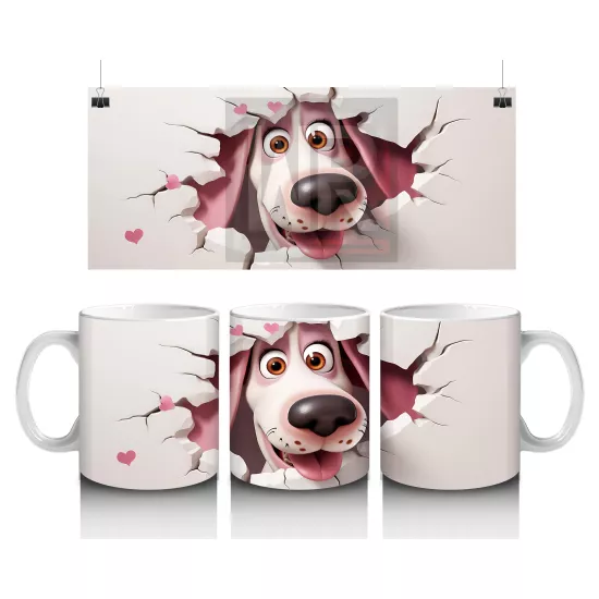 Pembe Kalplerle Çevrili Gülümseyen Karikatür Köpek - Baskılı kahve kupası