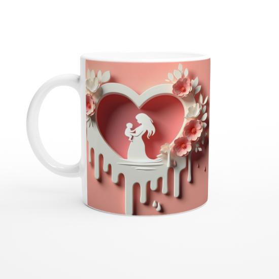 Çiçekli Kalp Silüetli Anne ve Çocuk Temalı Kupa Bardak