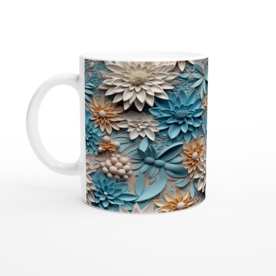 Pastel Mavi ve Krem Tonlu Çiçek Desenli Kupa Bardak