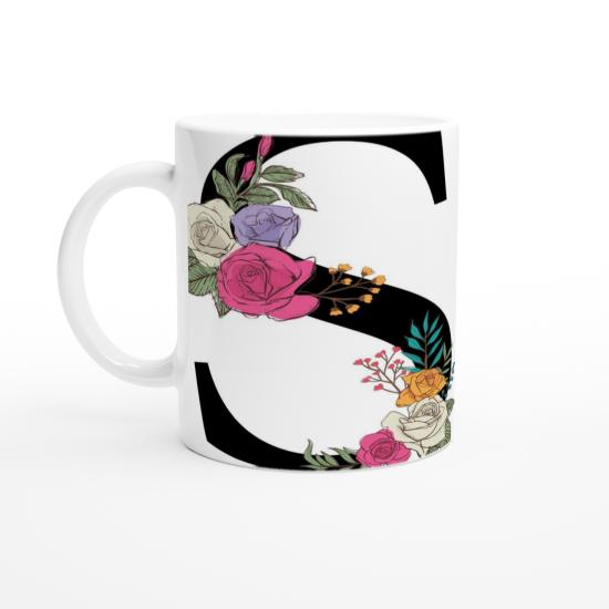 S Harfi Çift Çiçek Motifli Harfli Kupa Bardak