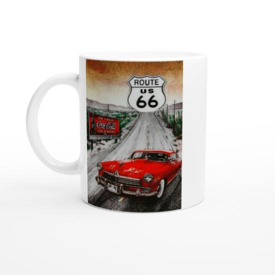 Route 66 Kırmızı Klasik Araba ve Coca Cola Temalı Kupa Bardak