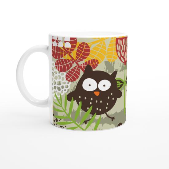 Renkli Baykuş ve Yaprak Desenli Kupa Bardak