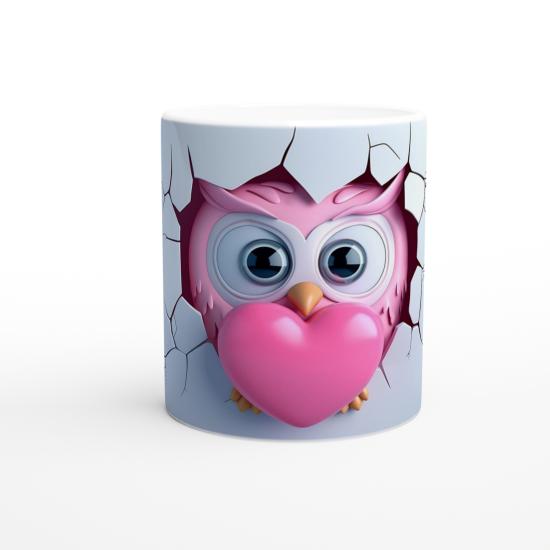 Pembe Kalp Tutan Baykuş Temalı Baskılı Kupa Bardak