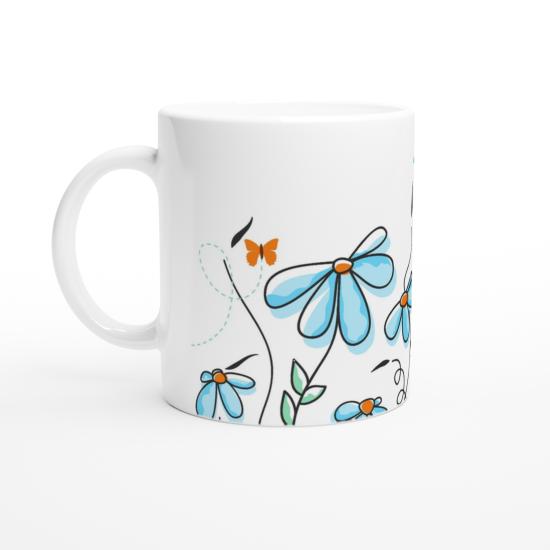 Uçuşan Kelebekler ve Mavi Çiçekler Kupa Bardak