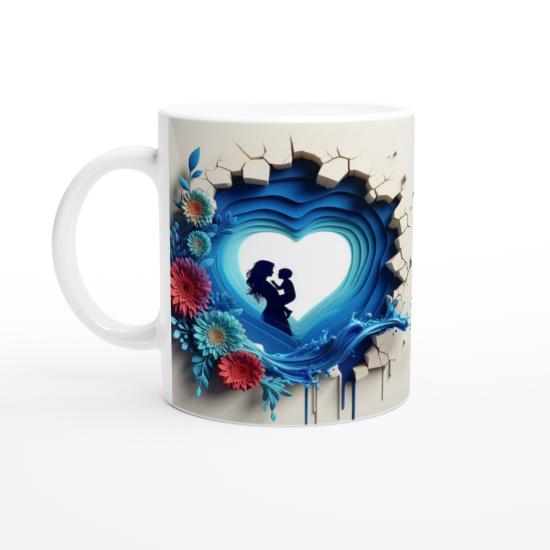 Katmanlı Kalp Desenli Mavi Çiçekli Anne ve Çocuk Kupa Bardak