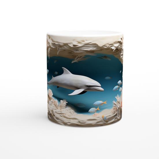 Mercan Bahçesinde Yüzen Yunus Desenli Su Altı Temalı Kupa Bardak