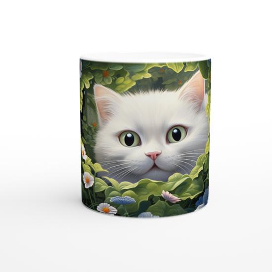 Çiçeklerle Çevrili Gizemli Beyaz Kedi Baskılı Kupa Bardak
