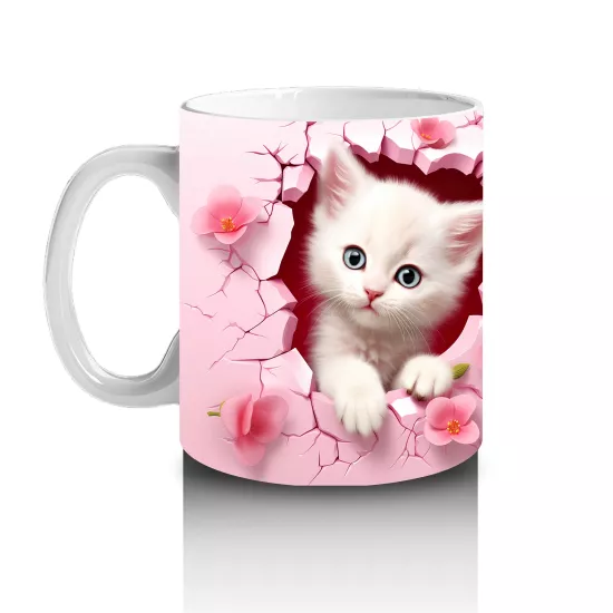 Pembe Çiçekli Arka Planda Sevimli Kedi Çifti - Baskılı Kahve Kupası