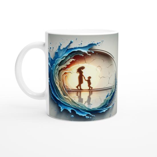 Gün Batımında Dalgalar Arasında Yürüyen Anne ve Çocuk Kupa Bardak