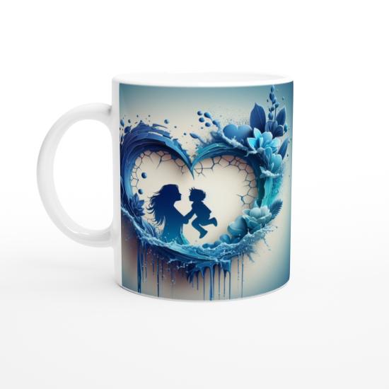 Kırık Kalp Çerçeveli Mavi Yapraklı Anne ve Çocuk Kupa Bardak