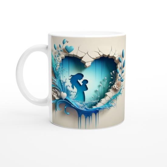 Turkuaz Kalp İçinde Anne ve Bebek Silueti Tasarımlı Kupa Bardak