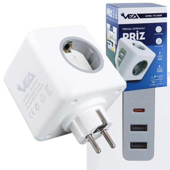 VEA VE-23089 2X USB 1X Type-C 3’Lü Çocuk Ve Termal Korumalı Grup Priz