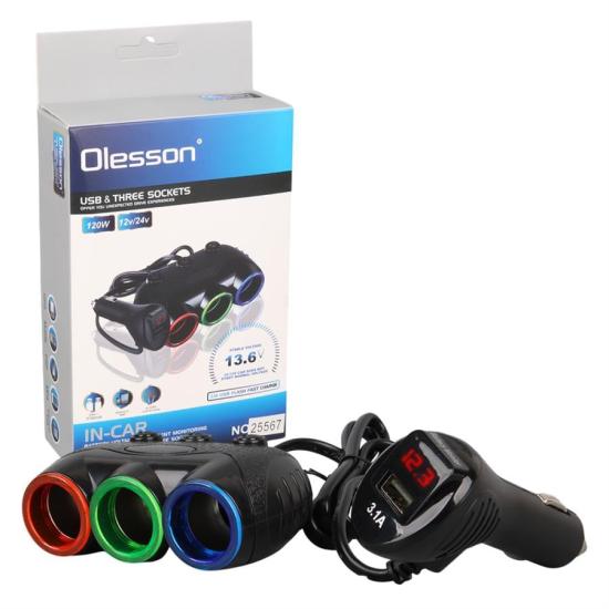 Olesson 1633 12-24V Tek USB Girişli 120W 80Cm Kablolu Dijital Voltaj Ekranlı 3’Lü Araç Çakmak Çoklayıcı