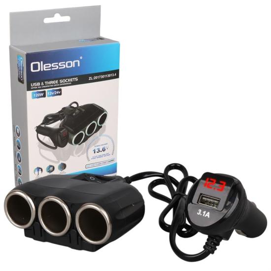 Olesson 1634 12-24V Tek USB Girişli 120W 80Cm Kablolu Dijital Voltaj Ekranlı 3’Lü Araç Çakmak Çoklayıcı