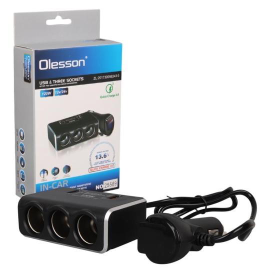 Olesson 1639 12-24V Çift USB Girişli Hızlı Şarj Destekli 120W 80Cm Kablolu Dijital Voltaj Ekranlı 3’Lü Araç Çakmak Çoklayıcı