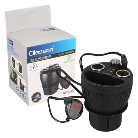 Olesson 1640 12-24V Çift USB Girişli 120W 80Cm Kablolu Dijital Voltaj Ekranlı 2’Li Araç Çakmak Çoklayıcı