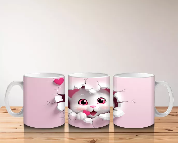 Pembe Kalpli Çatlak Duvar Arasından Bakan Sevimli Kedi Kupa