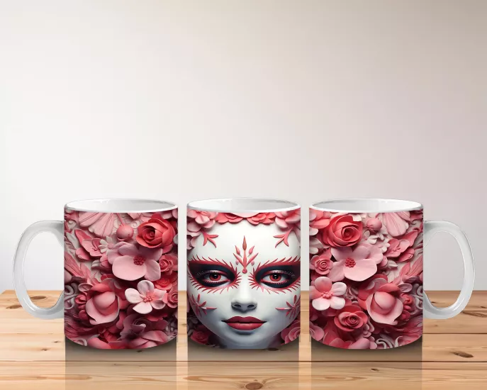 Pembe Gül Denizi Üzerine Beyaz Maske – Hediyelik Kahve Kupası