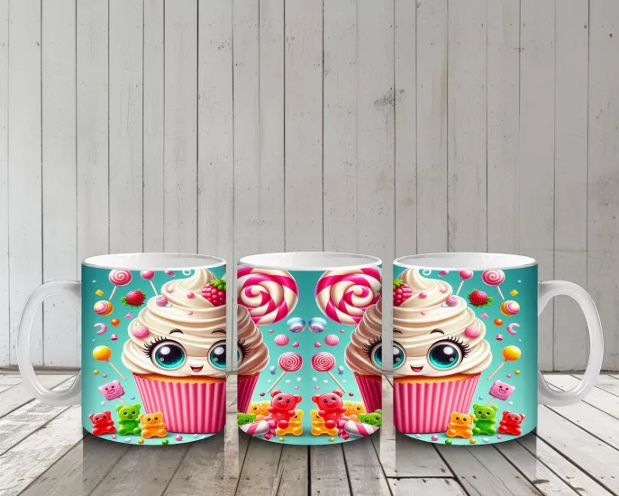 Çocuklara Sütü Sevdiren Gözleri Gülen Renkli Cupcake ve Şekerlemeler Desenli Kupa Bardak