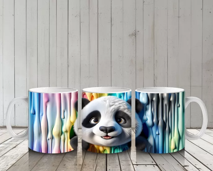 Çocuklara Sütü Sevdiren Renkli Boya Dalgaları Arasında Meraklı Panda Kupa Bardak