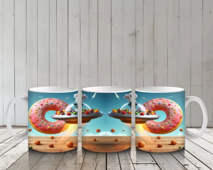 Çocuklara Sütü Sevdiren Uçan Donut ve Şef Fareli Uzay Gemisi Desenli Kupa Bardak