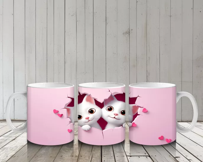 Çocuklara Sütü Sevdiren Kalp Çerçevesinden Bakan İki Sevimli Kedi Kupa Bardak