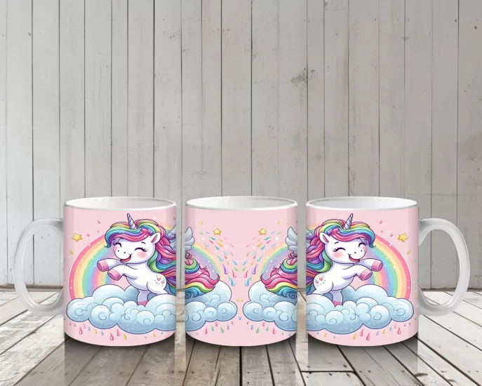 Çocuklara Sütü Sevdiren Gökkuşağında Uçan Mutlu Unicorn Desenli Kupa Bardak
