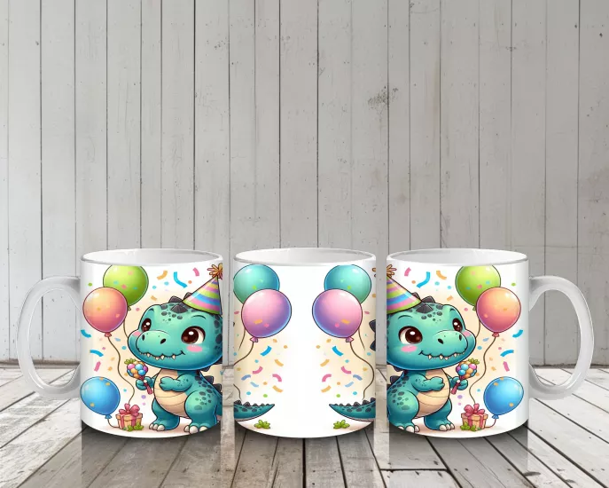 Çocuklara Sütü Sevdiren Doğum Günü Şapkalı Balonlu Dinozor Desenli Kupa Bardak