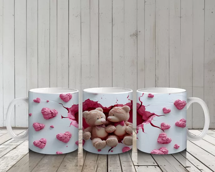 Çocuklara Sütü Sevdiren Kalp Çatlağından Bakan Peluş Ayıcıklar Kupa Bardak