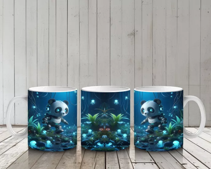 Çocuklara Sütü Sevdiren Işıltılı Ormanda Keşfe Çıkan Robot Panda Desenli Kupa Bardak
